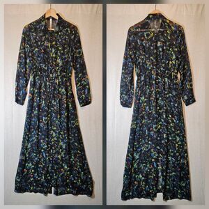 Kensie Womens Size Small Sheer Overdress Black Floral Button Front Shirt Dress
